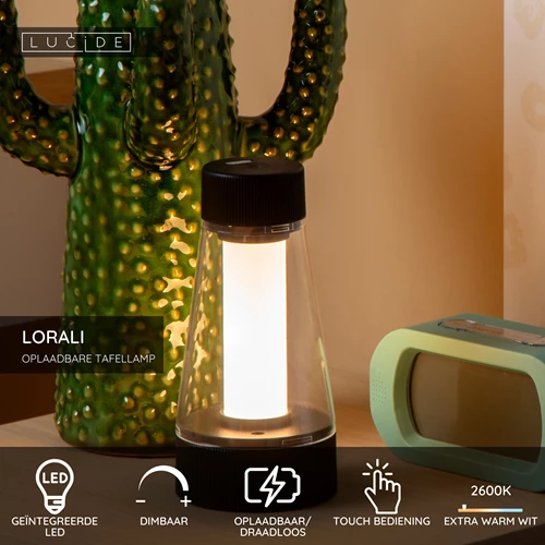 Lucide LORALI - Oplaadbare Tafellamp Binnen/Buiten - Accu/Batterij - Ø 7,7 cm - LED Dimb. - 1x1,2W 2600K/3000K - IP44 - Zwart - USP